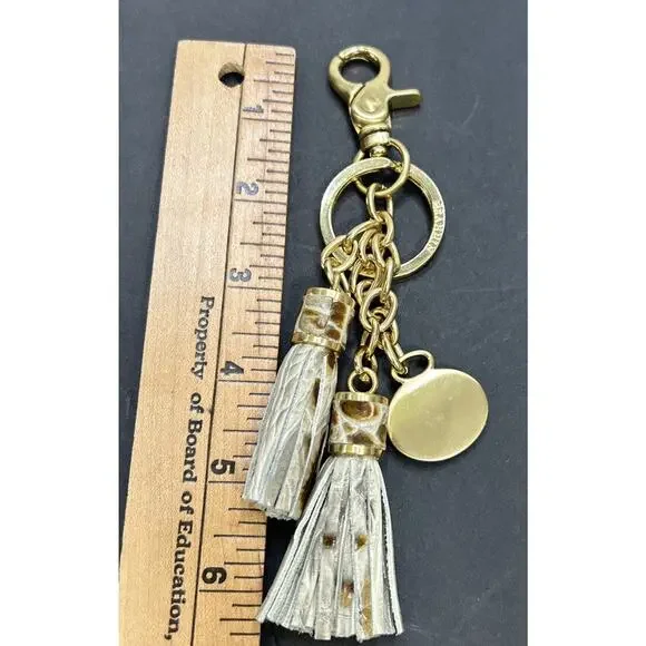 Brahmin Double Tassel Bag Charm Key Fob Gold Gray Brown Leather Neutral Color - Picture 4 of 4